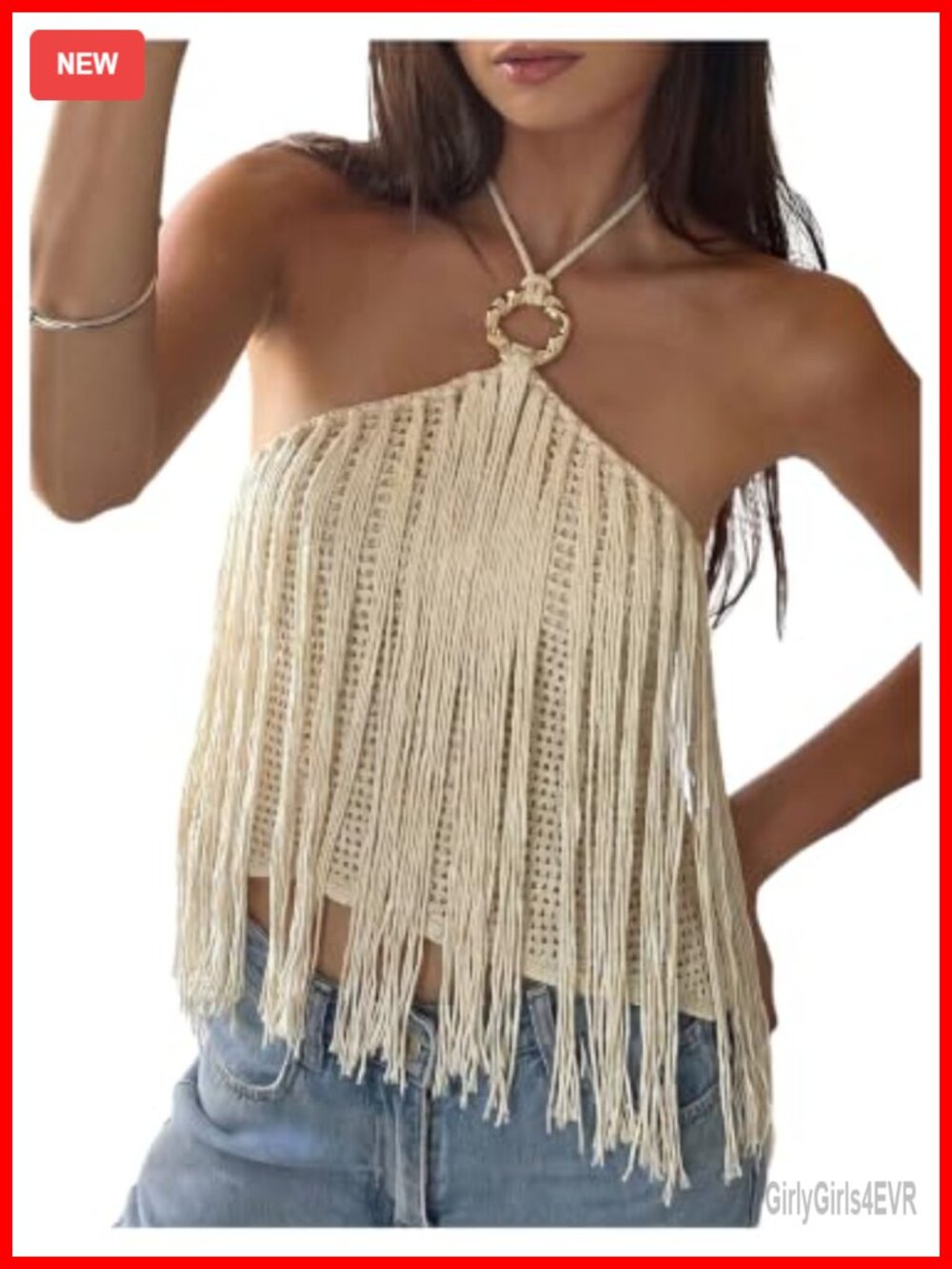 Women's Fringe Halter Crop Top Open Knit Sleeveless Concert Outfit